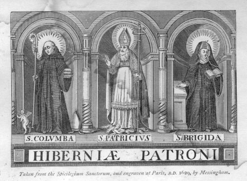 Brigid, Gravure apparaissant dans le livre de Thomas Messingham paru à Paris en 1624 :Irish saints, Florilegium Insulæ Sanctorum.Sainte patronne d'Irlande: Les Trois Patrons d'Irlande