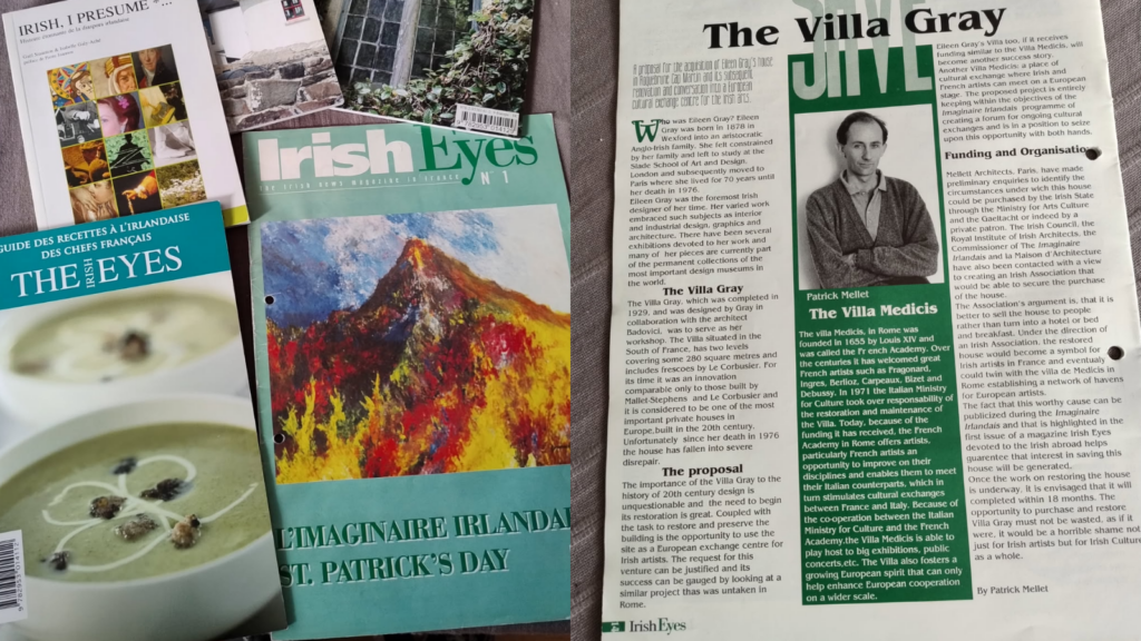 La couverture du premier numéro : Mars 1996 et un des articles du N° : Il faut sauver la Villa d'Eileen Gray.