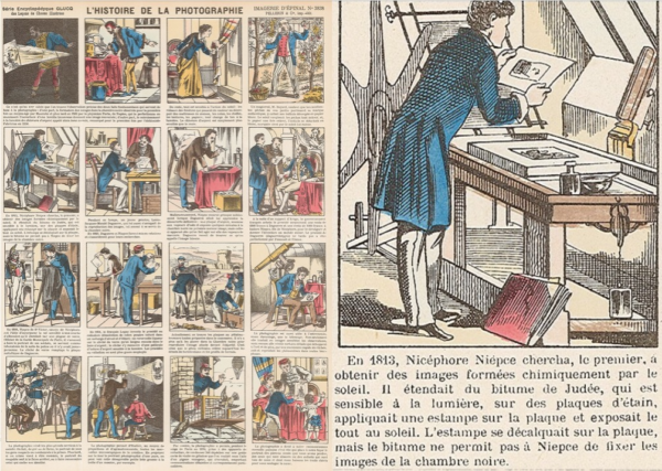 Histoire de la photographie racontée par l'Imagerie d'Épinal, illustration des recherches de Nicéphore Niépce